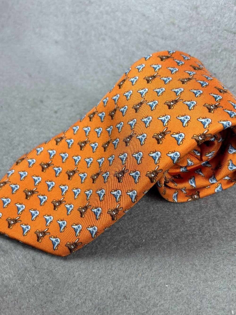 Hermès Paris Orange Silk Rabbit Seal Animal Novelty Tie France